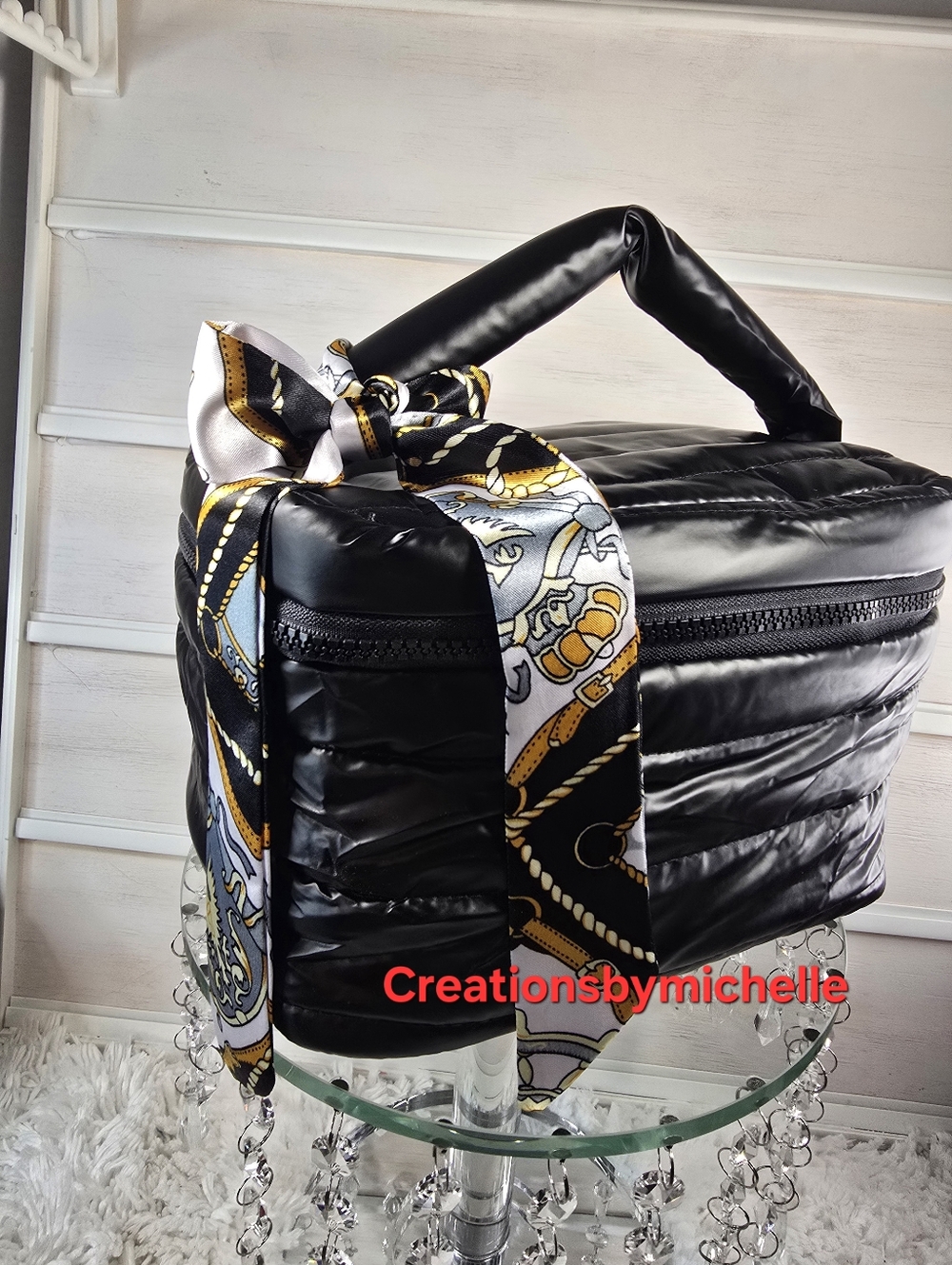 Mother's Day Black Quilted Handle Top-Handle Bag with Decorative Scarf